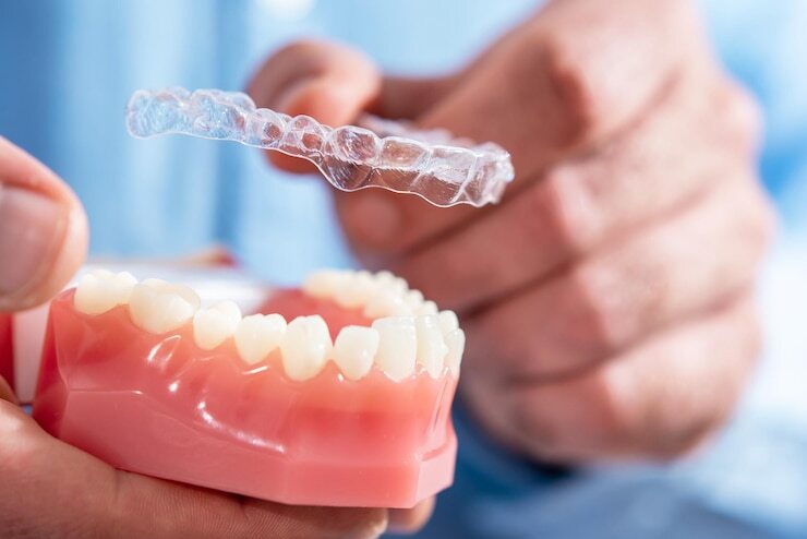 closeup-doctor-puts-transparent-aligners-teeth-artificial-jaw_114354-2513